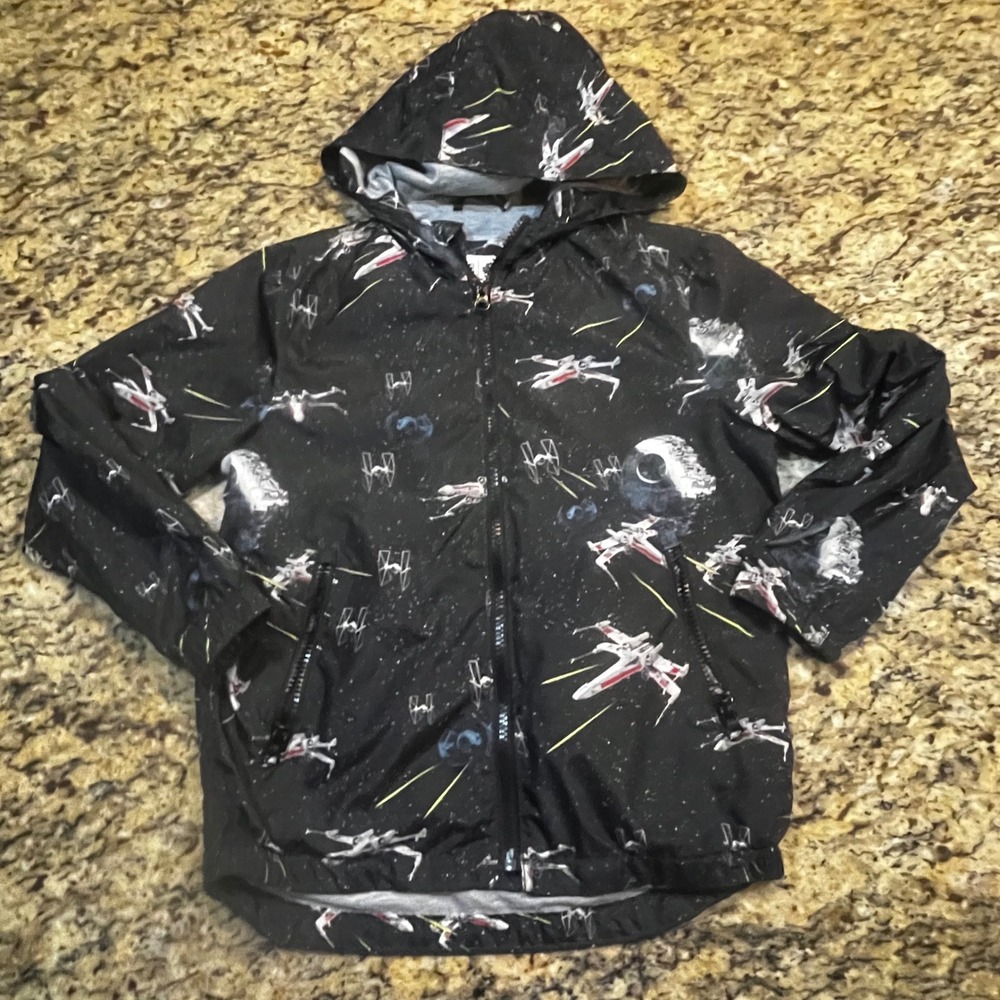 Gap Kids Star Wars Windbreaker Jacket Black Galaxy X-Wing Death Star Size S